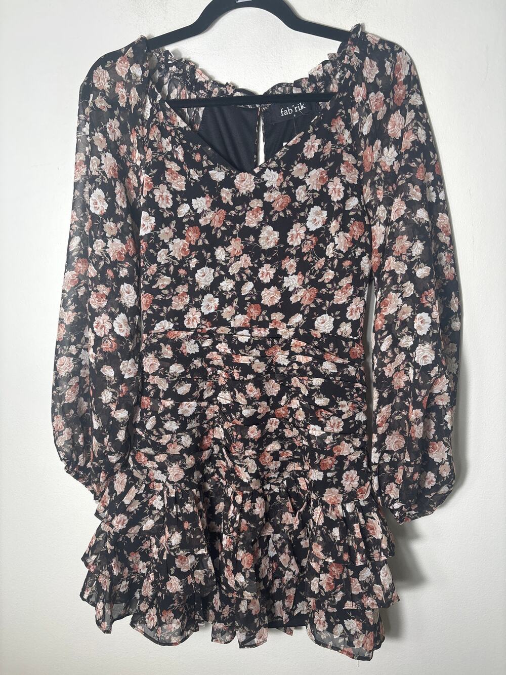 NWT Fab'rik Black Pink Eshe Floral Long Sleeve Ruched Dress Sz S